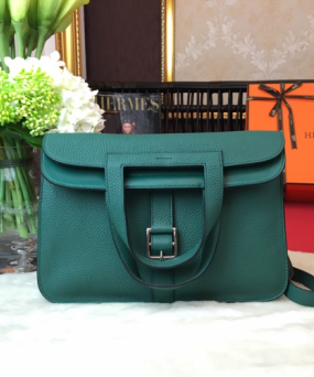 에르메스 할잔백31 그린 은장 소가죽